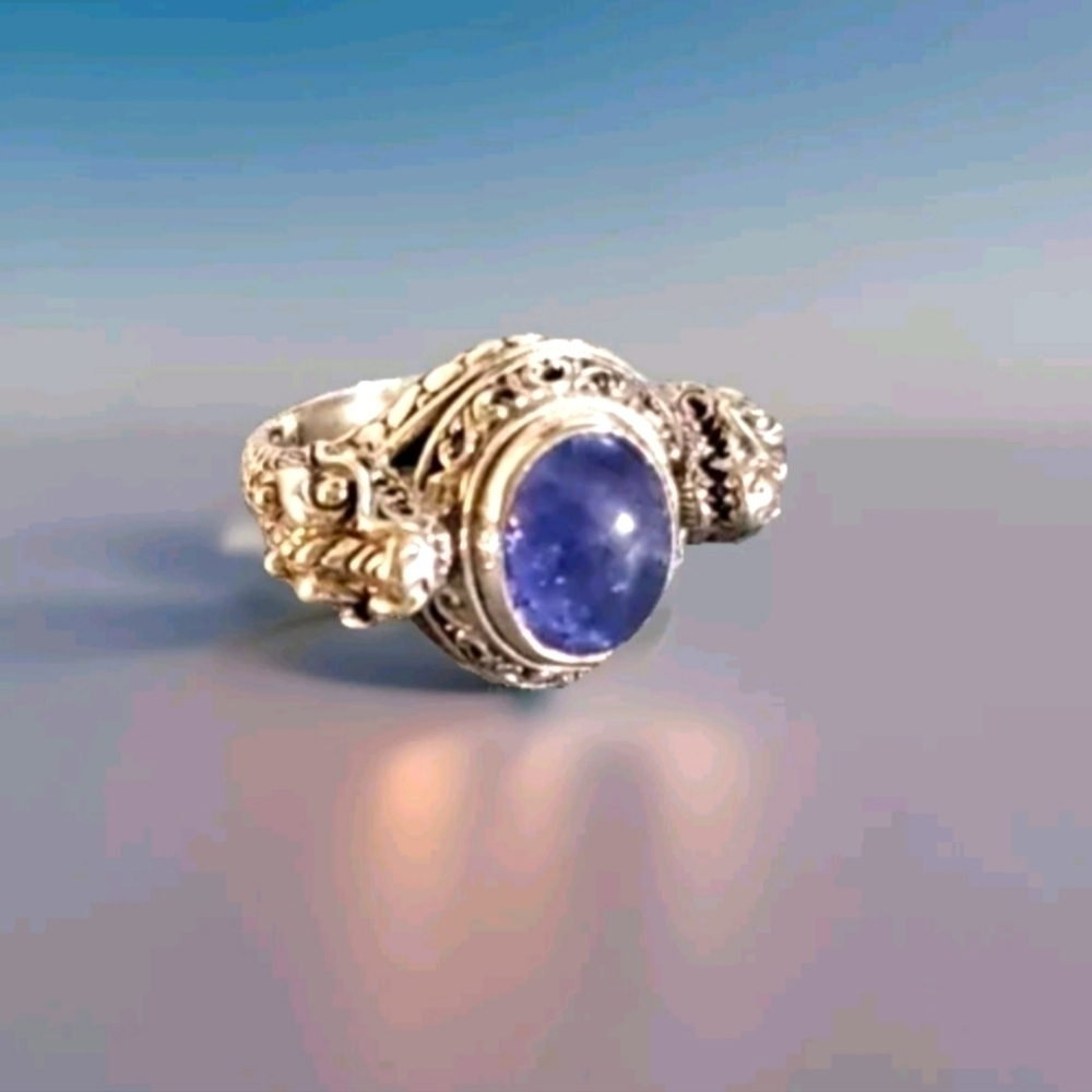 Bali Legacy Tanzanite Double Dragon Solitaire Ring In Oxidized Sterling Silver